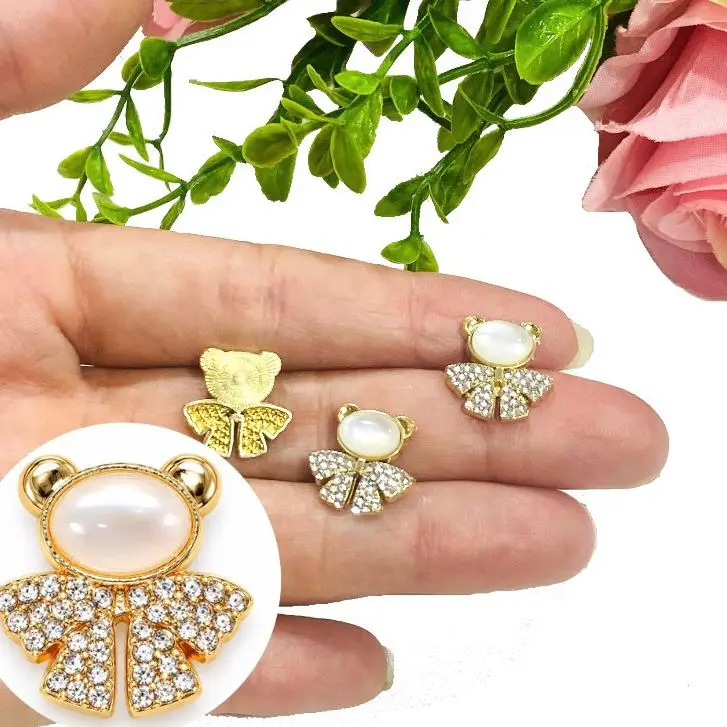 Aplique de Luxo em METAL Ursinho Cabeça de Pérola e Strass - Dourado