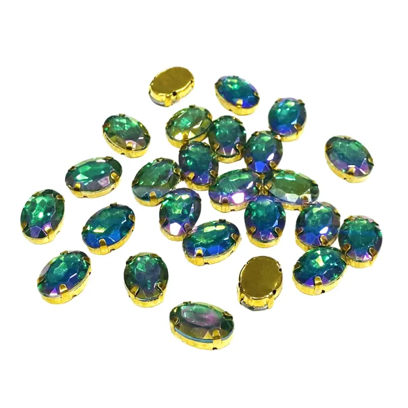 Chaton Engrampado DOURADO Oval 10x14mm em Acrílico com 25 unidades Cor - VERDE AB