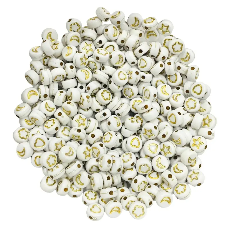 Redondos Entremeio Branco com SÍMBOLOS DOURADO de 7mm Pacote de 50 gramas