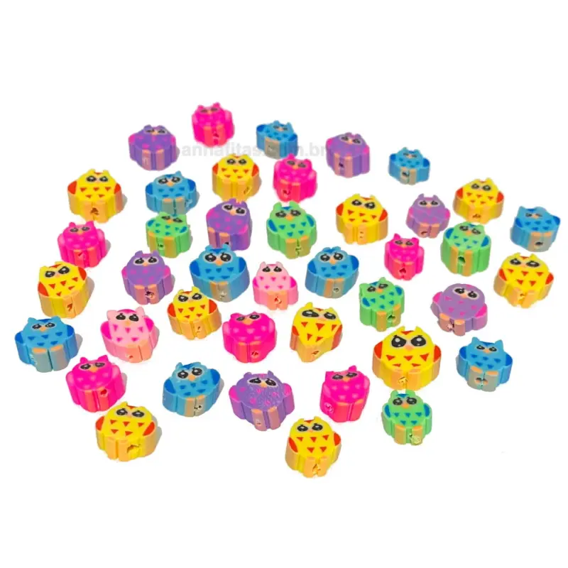 Aplique Entremeio Fimo para Pulseiras com 41 Unidades 5x10mm Modelo CORUJINHAS CORES SORTIDAS