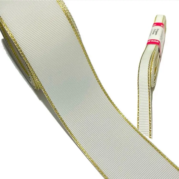 Fita de gorgorão de 38mm com BORDAS DOURADA METALIZADAS com 5 metros BRANCA - Branco 01