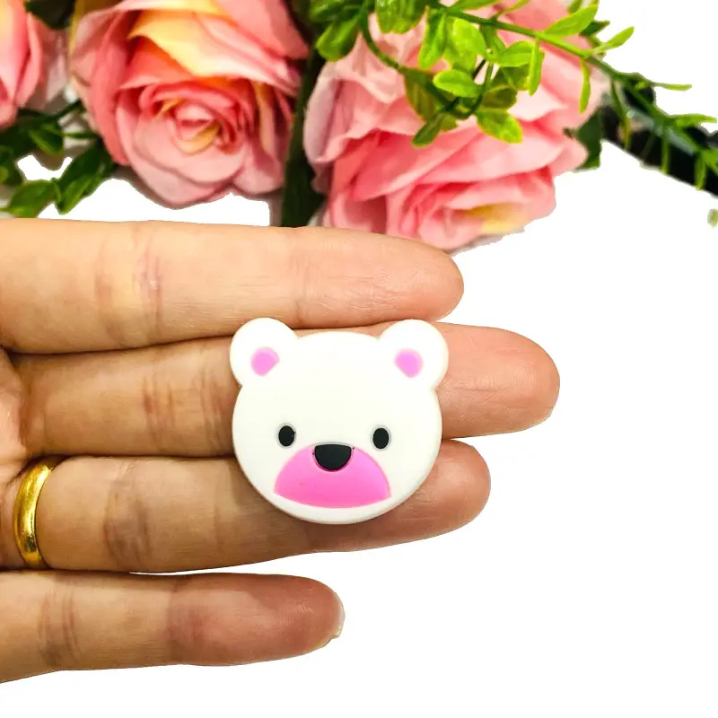 Aplique de Silicone Emborrachado Cabeça de Ursinho Branco com Rosa 2,7cm X 3cm