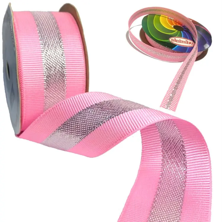 Fita de gorgorão Natalina Friso PRATA Sinimbu 10m ROSA CHICLETE 1854 C06 - Rosa com Friso Prata