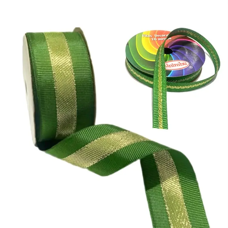 Fita de gorgorão Natalina Friso Dourado Sinimbu 10m VERDE BANDEIRA Ref - 1854 C05 - Verde com Friso Dourado