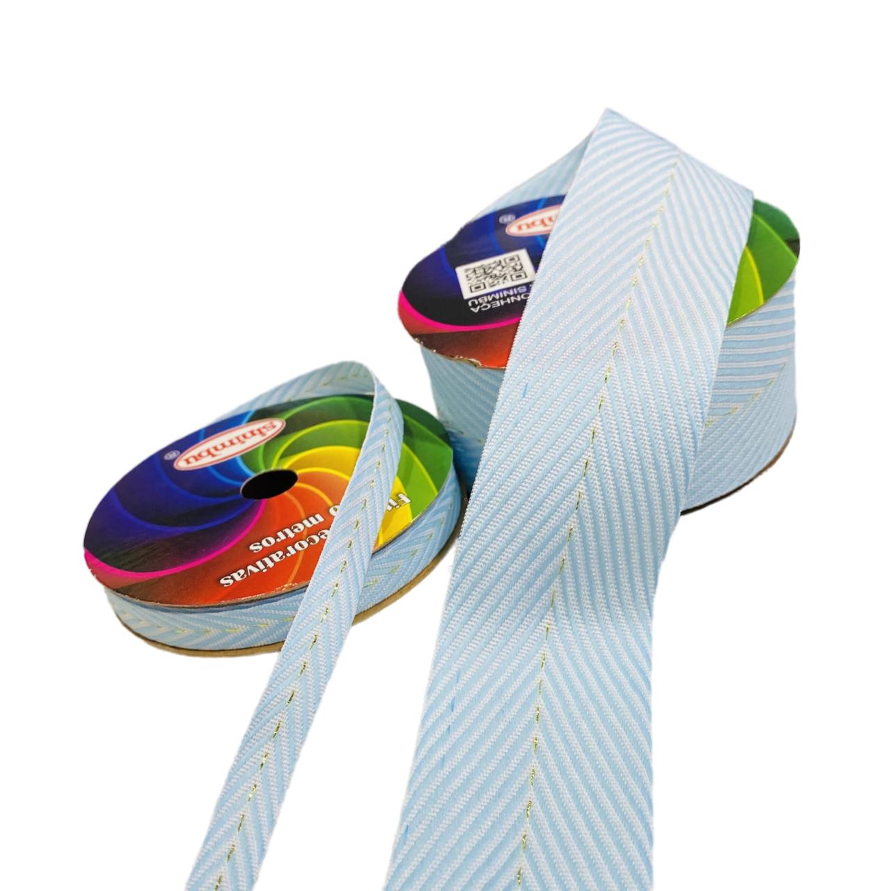 Fita Sinimbu Espinha de Peixe Chevron AZUL BEBÊ Pesponto Dourado com 10 Metros Ref : 1875