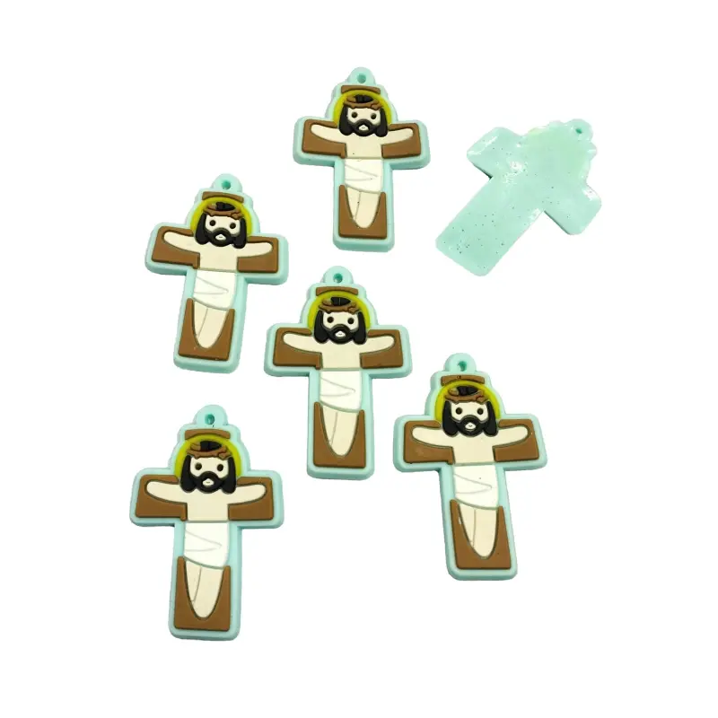 Aplique Emborrachado Religioso Para Terços Cruz Verde Água jesus 3,5cm X 5cm