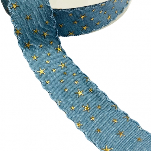 Fita Jeans Claro com estrela Dourada 38 mm por metro Ref:FJC1