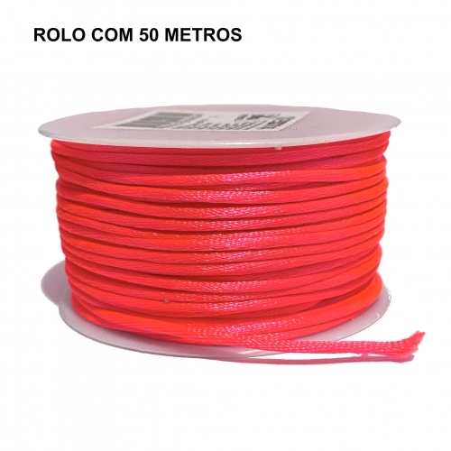 Rolo com 50 Metros de Cordão de Cetim Rabo de Rato de 2mm Cor - Rosa Neon Cor - 23