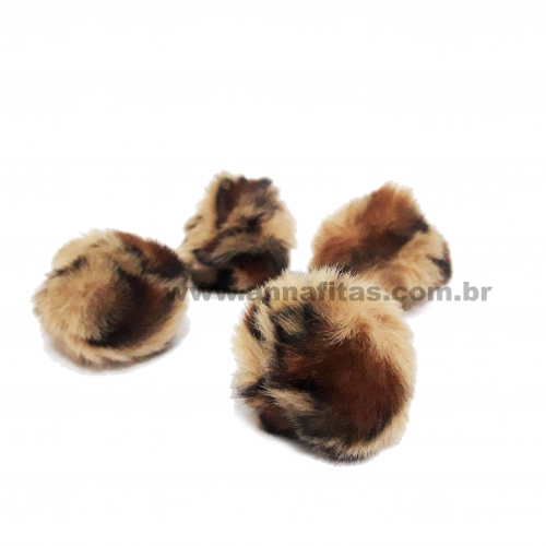 Pompom Felpudo de 4cm Pacote com 4 unidades Cor: Animal Print Marron Escuro com Preto Ref-8