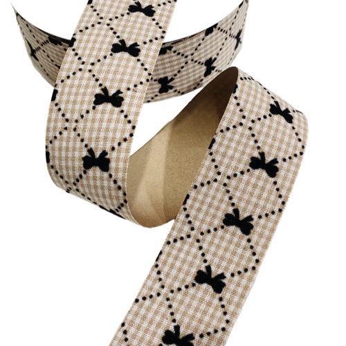 Fita Linho Nude xadrez e laço de 38mm  por metro Ref: FTL38N