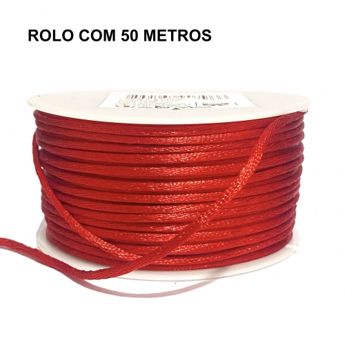 Rolo com 50 Metros de Cordão de Cetim Rabo de Rato de 2mm Cor - Vermelho Cor - 26