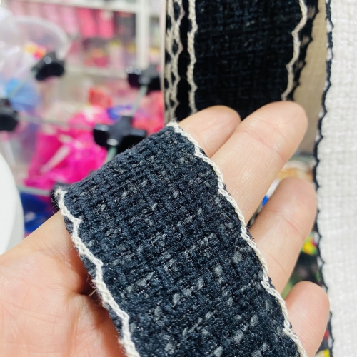 Fita Tweed Preta com Bordas Branca por metro Ref-PN13