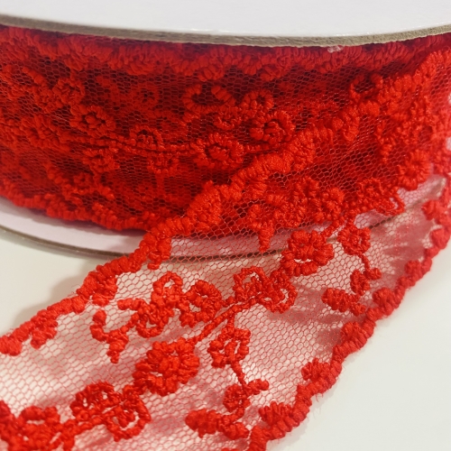 Fita de Renda Tule de 38mm por metro com Flores vermelho Ref - RD38FR