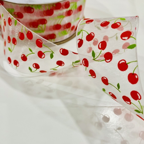 Fita de Organza com cereja 38mm por metros Ref-OC08