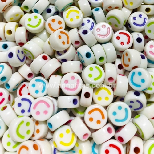 Redondo Entremeio Smile Branco com carinha cores mista 10mm Pacote de 25 gramas Ref: SMIL42