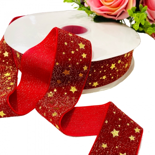 Fita Lurex Esponjada de 38mm (POR METROS) Cor VERMELHO COM ESTRELAS DOURADA Cor Ref: 26E
