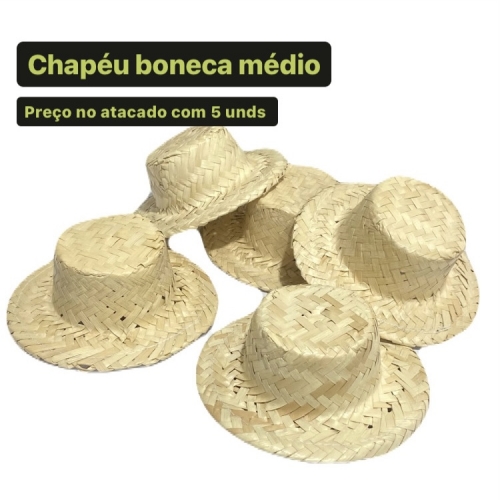 Pacote de 5 unidades de Chapéu de palha boneca de 11cm por 5,5cm de altura tamanho médio ref - CPB1155