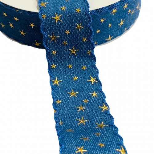 Fita Jeans Escura com Estrela Dourada por metro Ref:FJE2