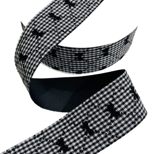 Fita Linho Preto xadrez e laço de 38mm  por metro Ref: FTL38P