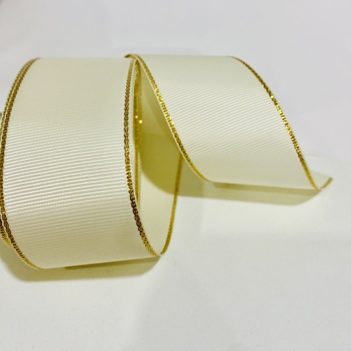 Fita de gorgorão de 38 mm com BORDAS DOURADAS METALIZADAS com 5 metros  CREME 